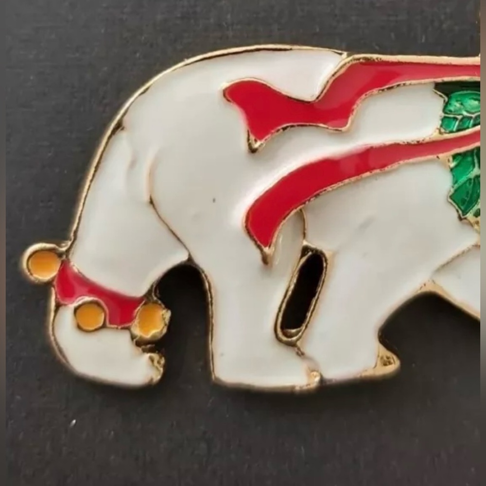 Polar Bear Cute White, Red, & Green Enamel Christmas Brooch Pin - Picture 3 of 4